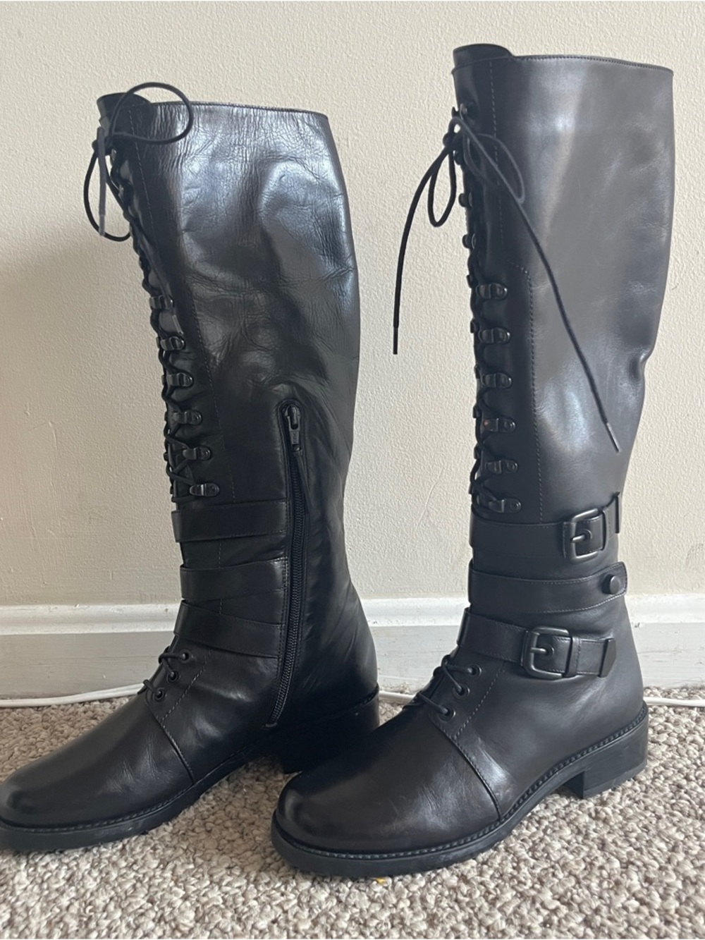Stuart Weitzman Black Leather Lace-Up Knee-High Boots with Buckles